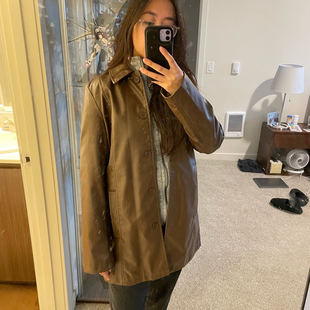 Women's Brown Faux Leather Button-Front Jacket